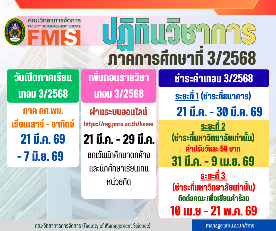 📌สรุปปฏิทินวิชาการสำหรับนักศึกษาภาค กศ.พบ. ภาคการศึกษาที่ 3/2568